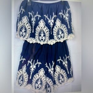 Alga Womens Youth Off Shoulder Embroidered Blue Romper Size S